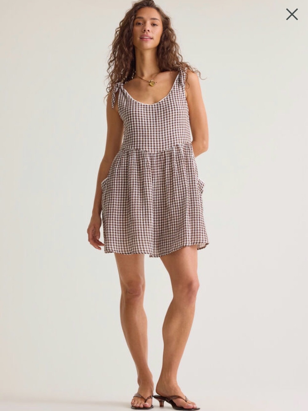 Brown Gingham Tie-Shoulder Mini Dress